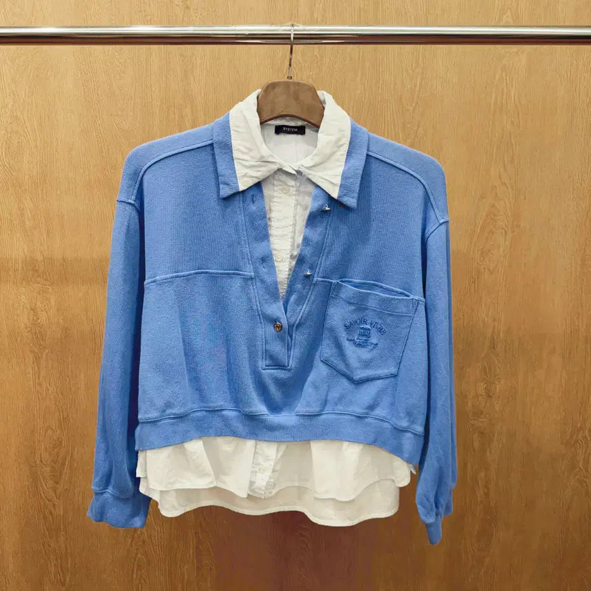 [BUNJANG] System Layered Lettering Embroidered Single Pocket Shirt / 시스템 셔츠 레이어드 맨투맨 레터링 자수 싱글 포켓 카라넥 디테일 블루