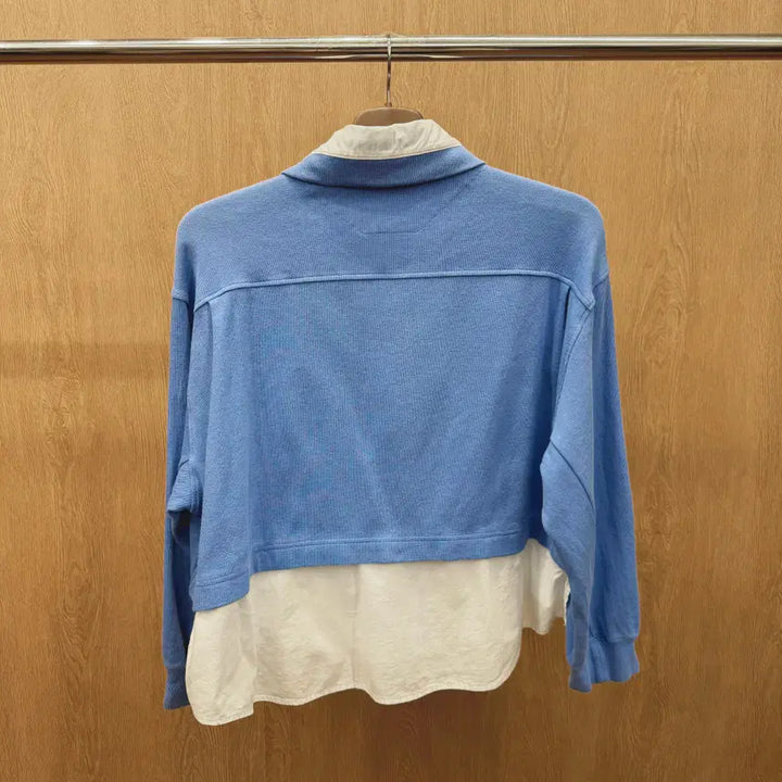 [BUNJANG] System Layered Lettering Embroidered Single Pocket Shirt / 시스템 셔츠 레이어드 맨투맨 레터링 자수 싱글 포켓 카라넥 디테일 블루