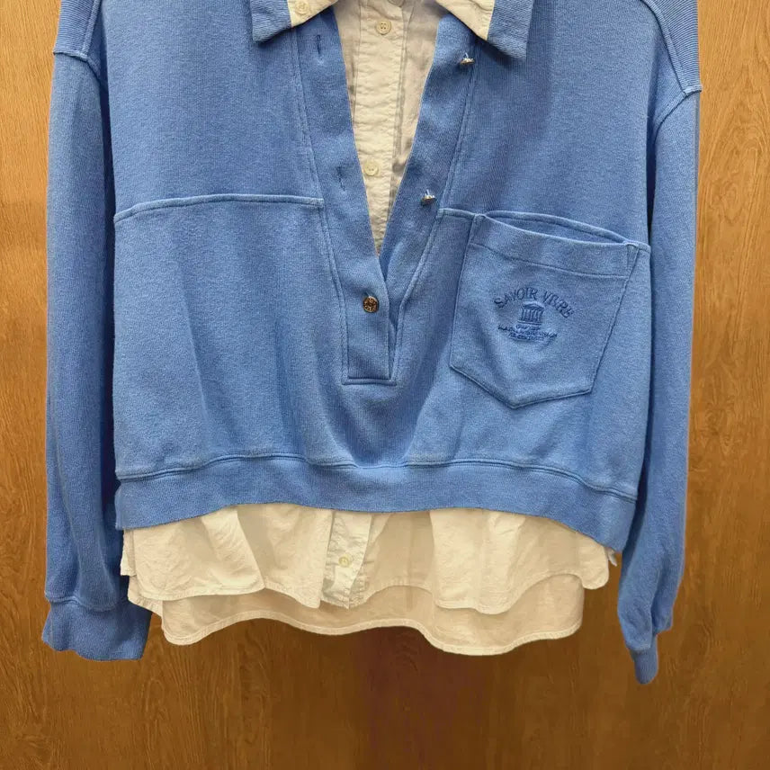 [BUNJANG] System Layered Lettering Embroidered Single Pocket Shirt / 시스템 셔츠 레이어드 맨투맨 레터링 자수 싱글 포켓 카라넥 디테일 블루