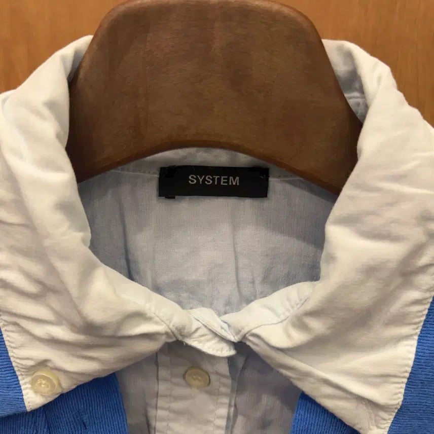 [BUNJANG] System Layered Lettering Embroidered Single Pocket Shirt / 시스템 셔츠 레이어드 맨투맨 레터링 자수 싱글 포켓 카라넥 디테일 블루