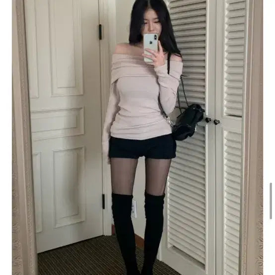 [BUNJANG] Black Off-Shoulder Long Sleeve Top / 정가3.5/ 핏 대박 검정오프숄더티