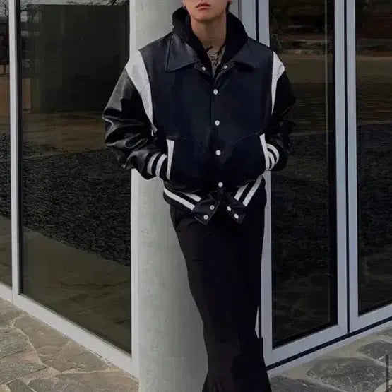 [BUNJANG] Birthday Suit Eco Leather Stadium Jacket Black L / 벌스데이수트 에코 레더 스타디움 바시티자켓 블랙 L