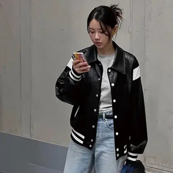 [BUNJANG] Birthday Suit Eco Leather Stadium Jacket Black L / 벌스데이수트 에코 레더 스타디움 바시티자켓 블랙 L