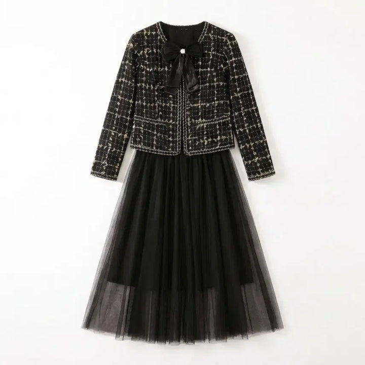 [BUNJANG] Black Tweed Ribbon Set / 블랙 트위드 리본 셋업