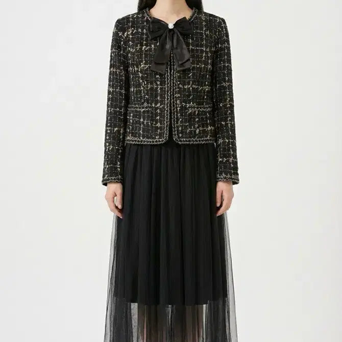 [BUNJANG] Black Tweed Ribbon Set / 블랙 트위드 리본 셋업