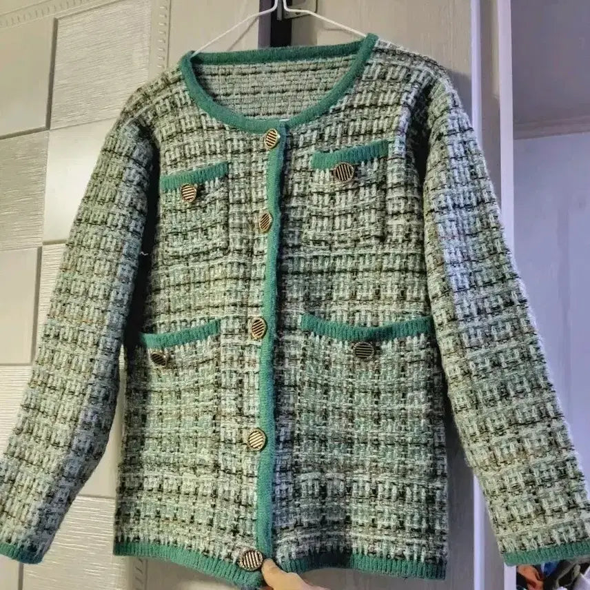 [BUNJANG] Tweed Knit Jacket Green Colorblock / 트위드 니트 자켓 그린 배색