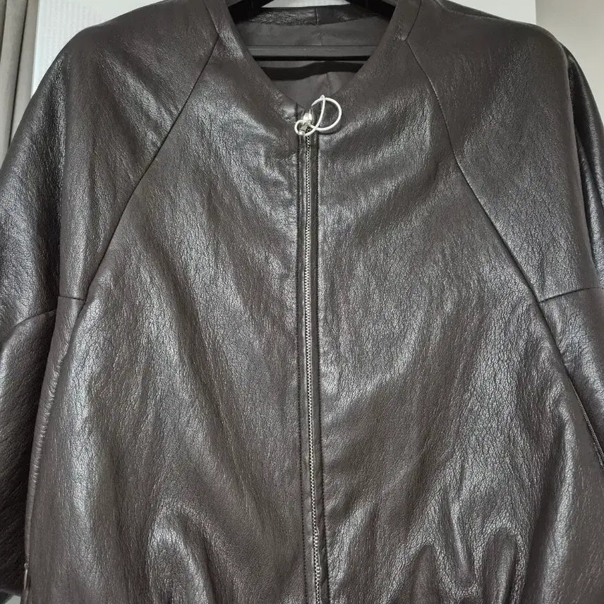 [BUNJANG] Brown Leather Round Neck Zip-up Jacket / 브라운 레더 라운드넥 집업 자켓
