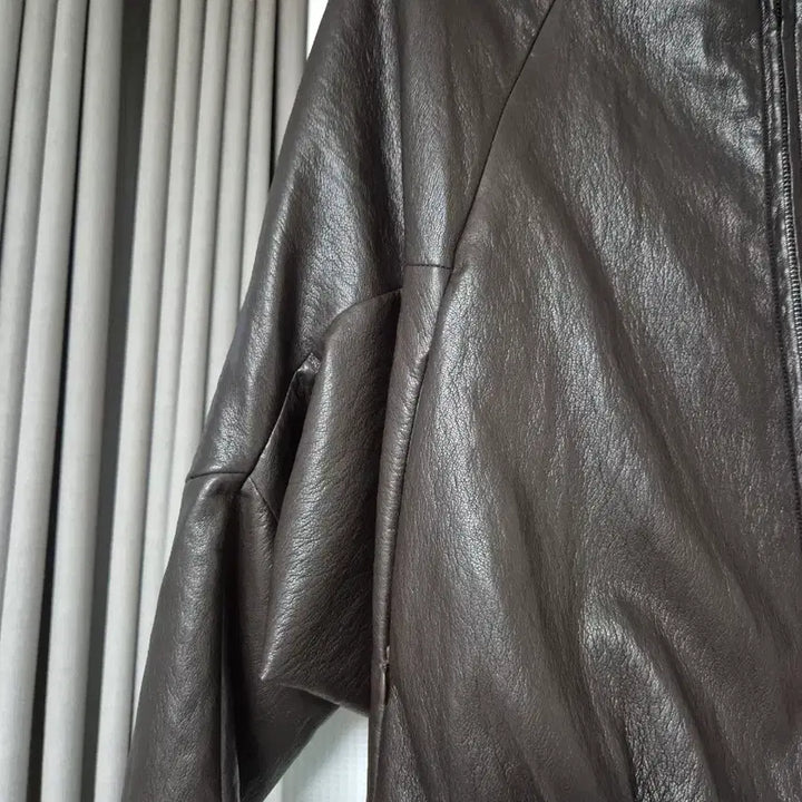 [BUNJANG] Brown Leather Round Neck Zip-up Jacket / 브라운 레더 라운드넥 집업 자켓