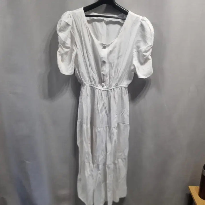 [BUNJANG] White Puff Sleeve Long Dress / 화이트 퍼프 반팔 롱 원피스