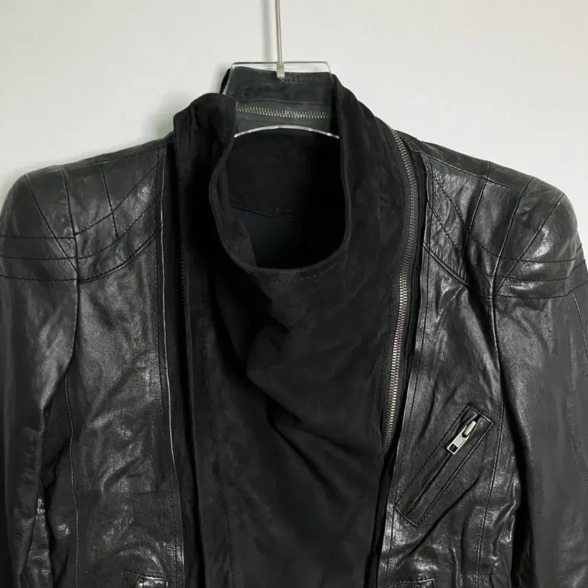 [BUNJANG] System Asymmetric High Neck Lambskin Jacket / 시스템 비대칭 사선 하이넥 램스킨 자켓