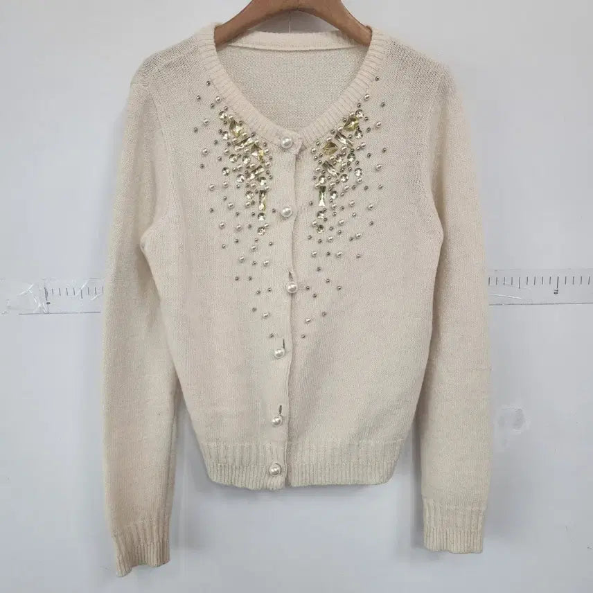 [BUNJANG] Ivory Cubic Zirconia Pearl Cardigan / 진주 큐빅 아이보리 가디건