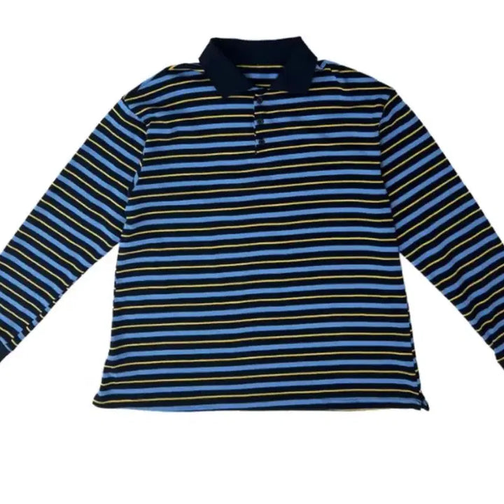 [BUNJANG] Striped Long-Sleeve Collar T-Shirt / (완전쌔거)줄무늬 긴팔 카라티셔츠 블루/옐로우