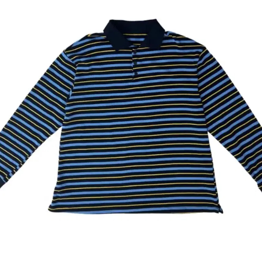 [BUNJANG] Striped Long-Sleeve Collar T-Shirt / (완전쌔거)줄무늬 긴팔 카라티셔츠 블루/옐로우