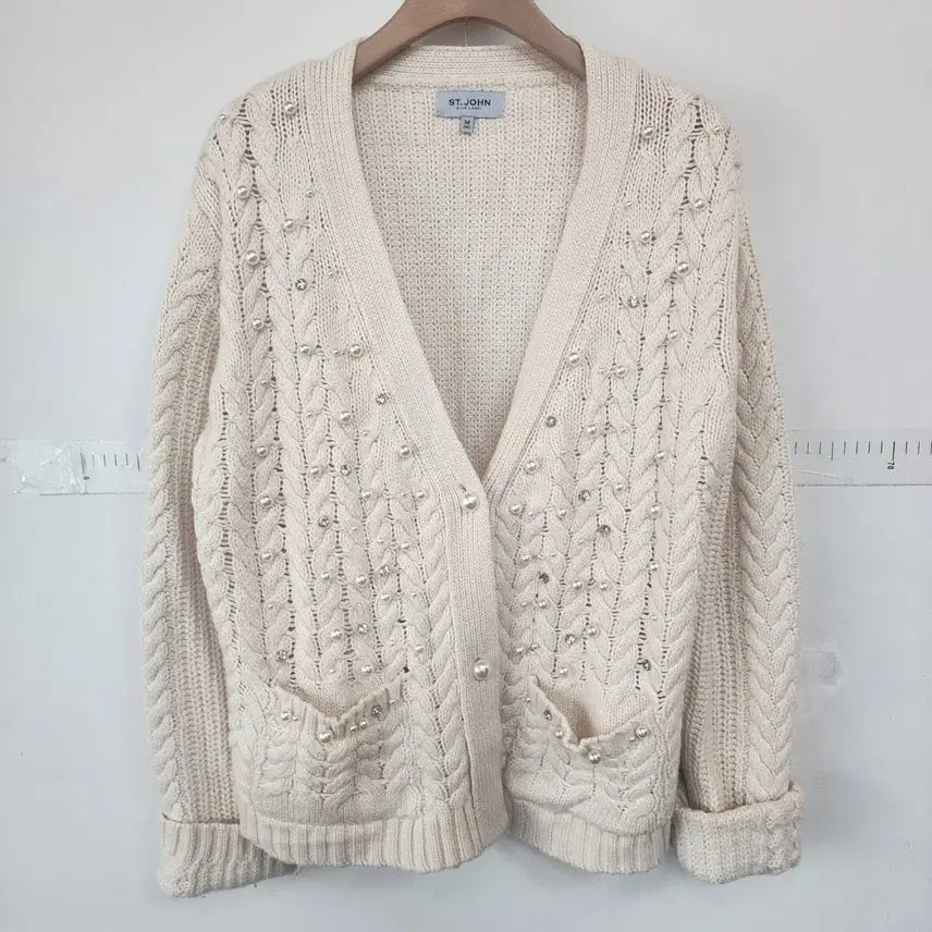 [BUNJANG] St. John Pearl Embellished Cable Knit Cardigan / 세인트존 진주 장식 가디건