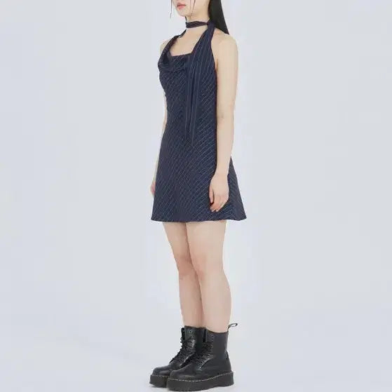 [BUNJANG] Not Your Rose Scarf Flare Dress Navy M / (급)낫유어로즈 스카프 플레어 드레스 미니 원피스