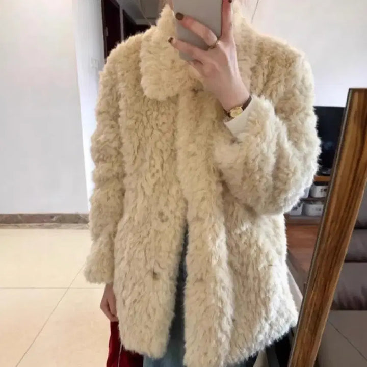 [BUNJANG] Fuzzy Ivory Half Coat / 새상품 뽀글이 자켓 퍼 자켓 하프코트