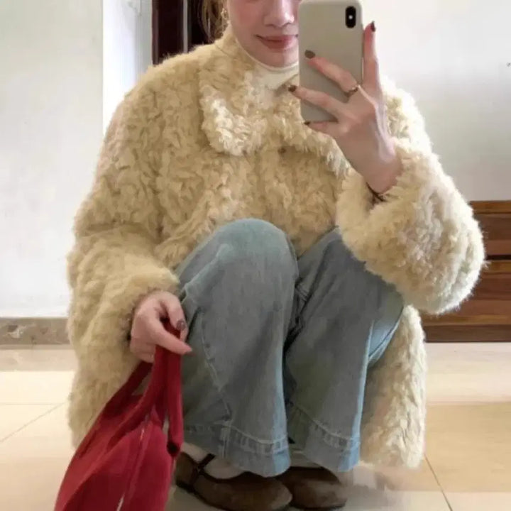 [BUNJANG] Fuzzy Ivory Half Coat / 새상품 뽀글이 자켓 퍼 자켓 하프코트