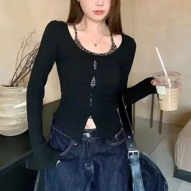 [BUNJANG] Gyal Leopard Print Halter Neck Layered Long Sleeve T-shirt Set / 갸루 레오파드 홀터넥 레이어드 긴팔 티셔츠 세트