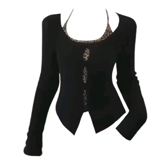 [BUNJANG] Gyal Leopard Print Halter Neck Layered Long Sleeve T-shirt Set / 갸루 레오파드 홀터넥 레이어드 긴팔 티셔츠 세트
