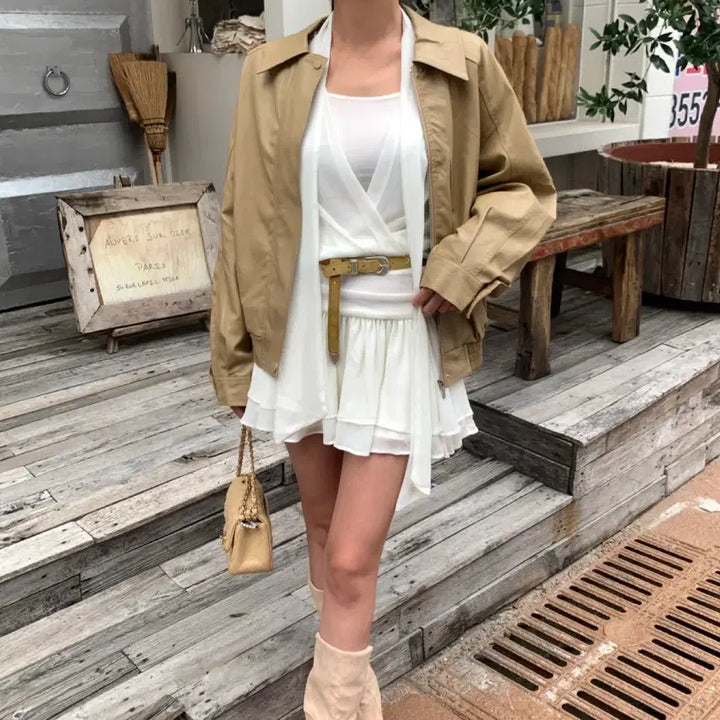 [BUNJANG] Loose Fit Beige Leather Jacket / 루즈핏 레더자켓