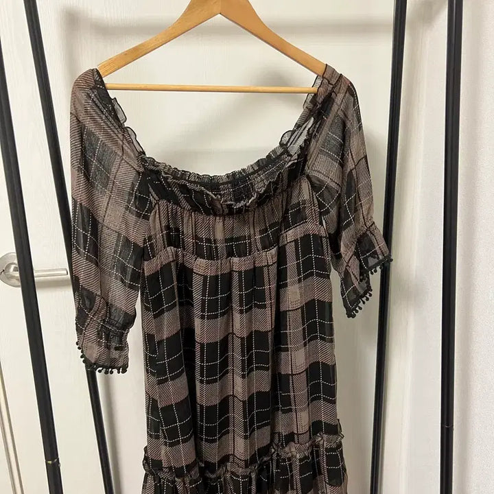 [BUNJANG] Chiffon Check See-Through Blouse with Shirring and Puff Sleeves / 체크 시스루 블라우스 셔링 퍼프 원피스 962