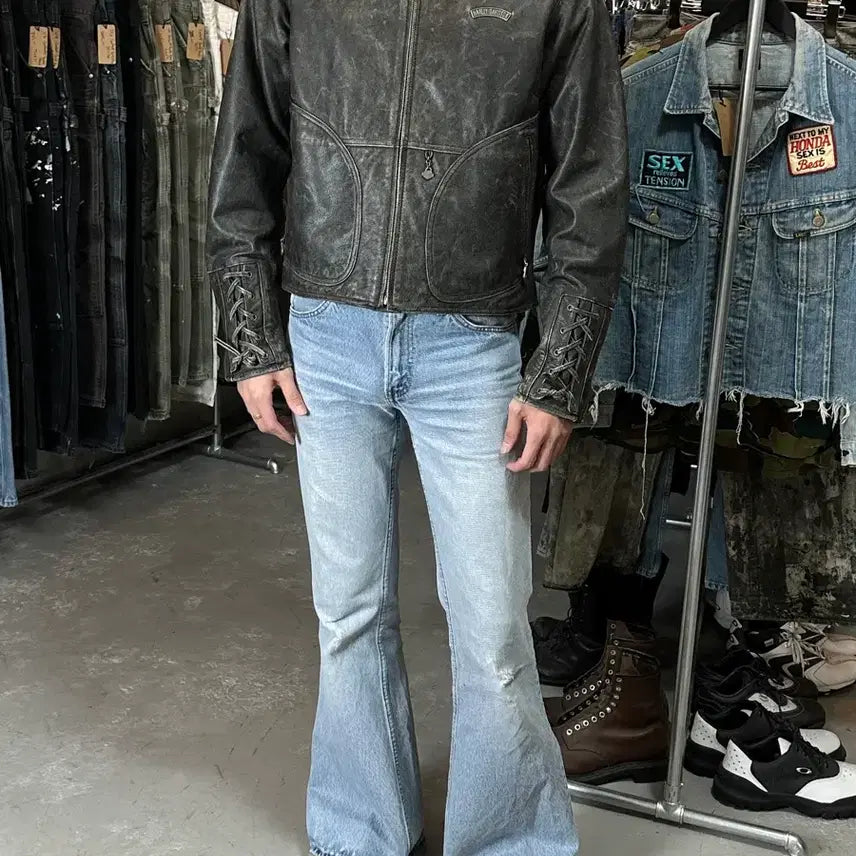 [BUNJANG] Harley Davidson Distressed Leather Corset Jacket / [L] 00's 할리데이비슨 코르셋 디스 레더 자켓 크롭 레더 자켓