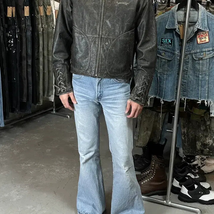 [BUNJANG] Harley Davidson Distressed Leather Corset Jacket / [L] 00's 할리데이비슨 코르셋 디스 레더 자켓 크롭 레더 자켓