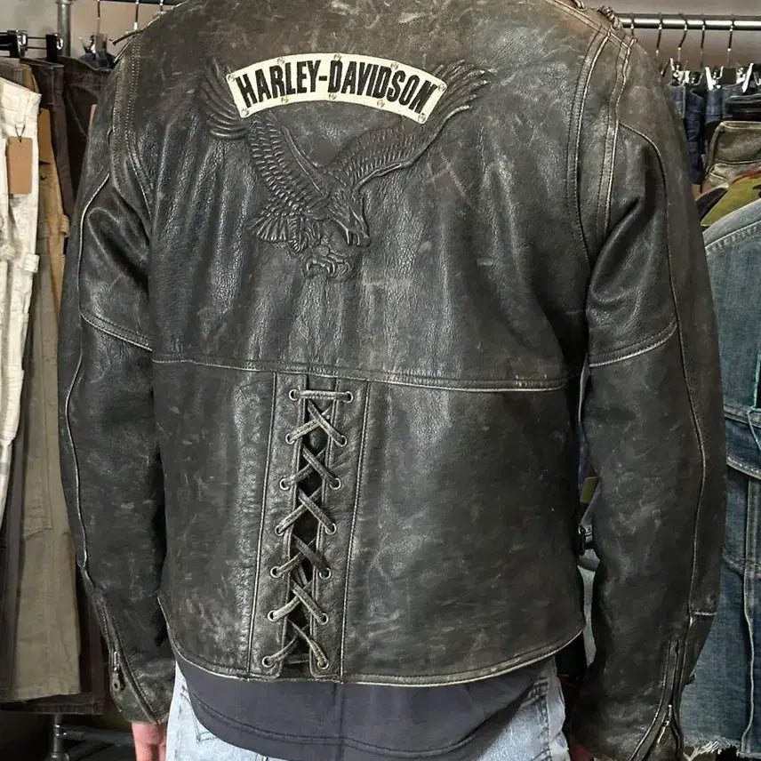 [BUNJANG] Harley Davidson Distressed Leather Corset Jacket / [L] 00's 할리데이비슨 코르셋 디스 레더 자켓 크롭 레더 자켓