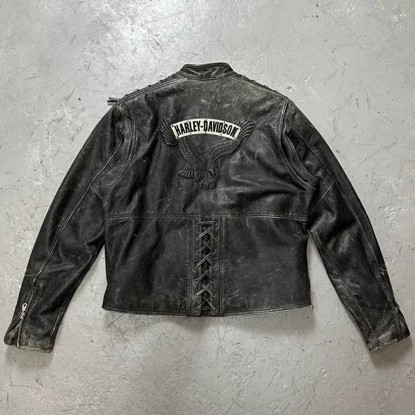 [BUNJANG] Harley Davidson Distressed Leather Corset Jacket / [L] 00's 할리데이비슨 코르셋 디스 레더 자켓 크롭 레더 자켓