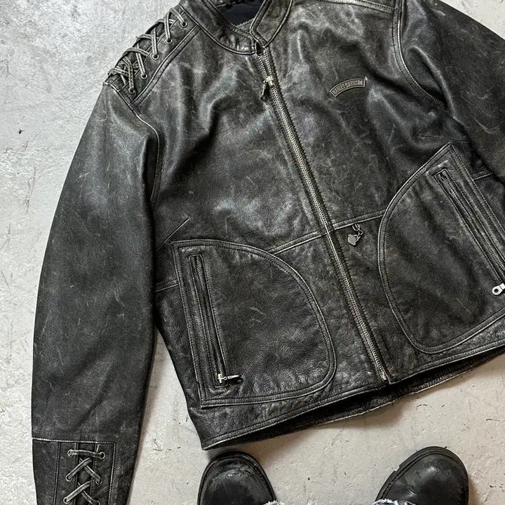 [BUNJANG] Harley Davidson Distressed Leather Corset Jacket / [L] 00's 할리데이비슨 코르셋 디스 레더 자켓 크롭 레더 자켓