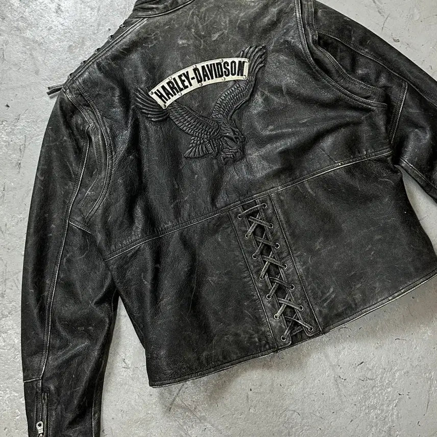 [BUNJANG] Harley Davidson Distressed Leather Corset Jacket / [L] 00's 할리데이비슨 코르셋 디스 레더 자켓 크롭 레더 자켓