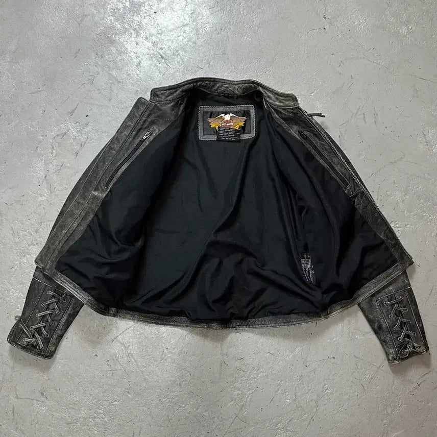 [BUNJANG] Harley Davidson Distressed Leather Corset Jacket / [L] 00's 할리데이비슨 코르셋 디스 레더 자켓 크롭 레더 자켓