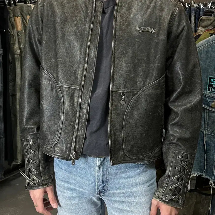 [BUNJANG] Harley Davidson Distressed Leather Corset Jacket / [L] 00's 할리데이비슨 코르셋 디스 레더 자켓 크롭 레더 자켓