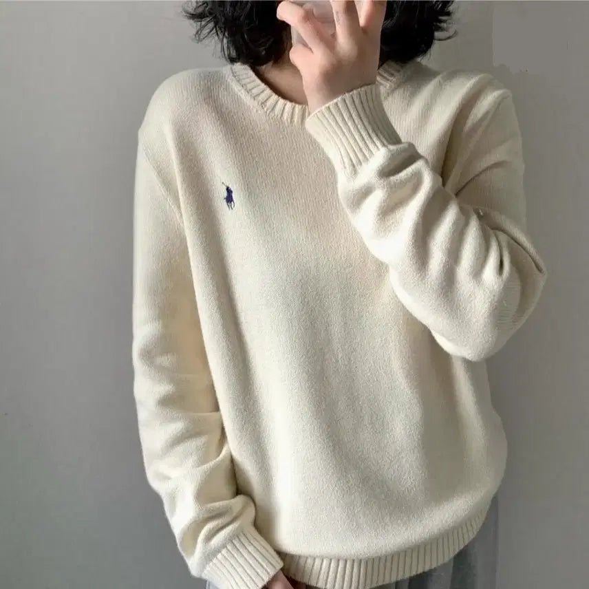 [BUNJANG] Polo Ivory Round Neck Cotton Knit L / 폴로 아이보리 라운드넥 코튼 니트 L