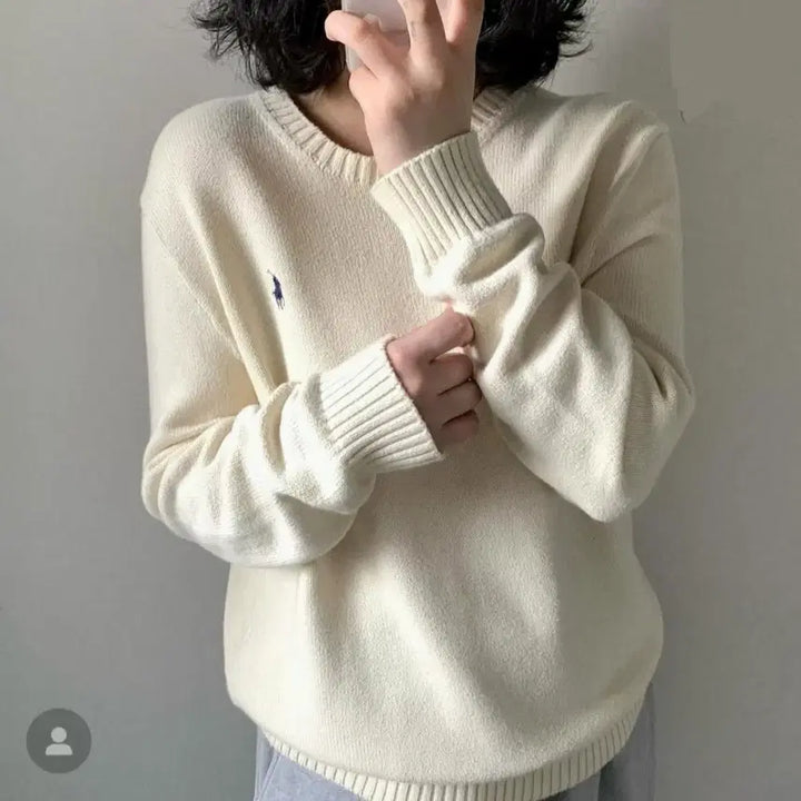 [BUNJANG] Polo Ivory Round Neck Cotton Knit L / 폴로 아이보리 라운드넥 코튼 니트 L