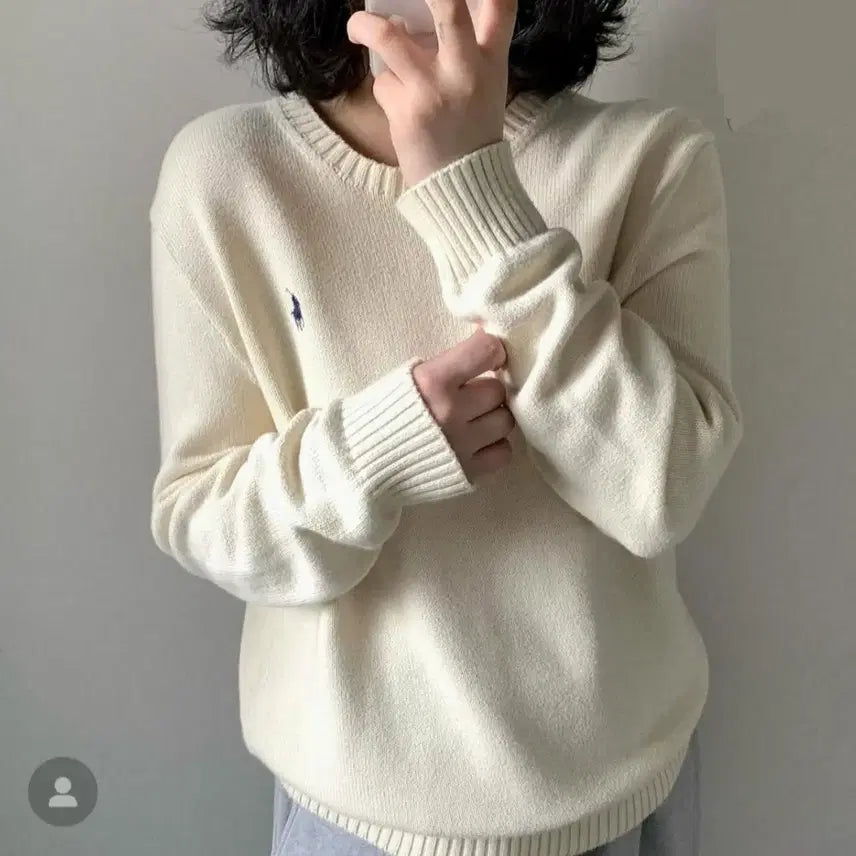 [BUNJANG] Polo Ivory Round Neck Cotton Knit L / 폴로 아이보리 라운드넥 코튼 니트 L