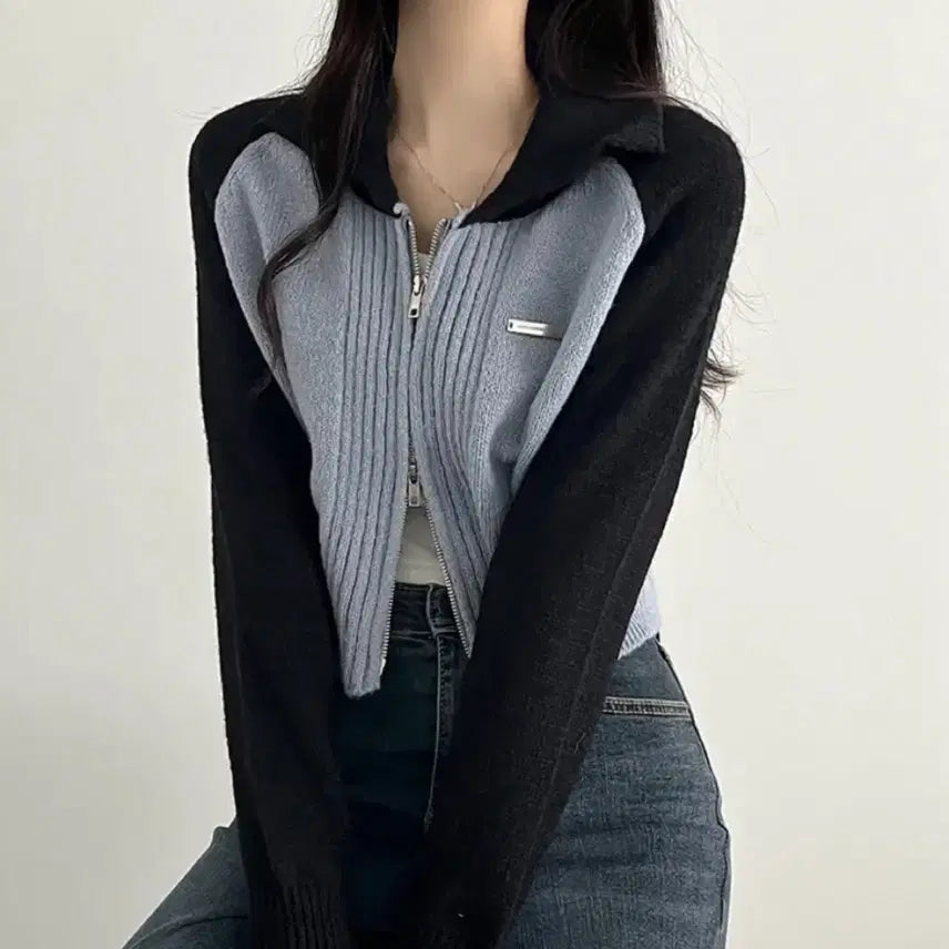 [BUNJANG] Avely Raglan Collar Two-Way Knit Zip-up / 에이블리 나그랑 카라 폭닥 투웨이 니트집업