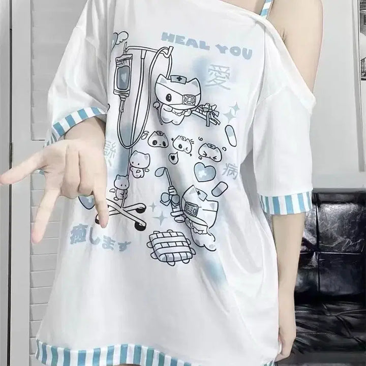 [BUNJANG] Medical Print Off-Shoulder T-Shirt / 지뢰계 메디컬 프린트 오프숄더 티셔츠