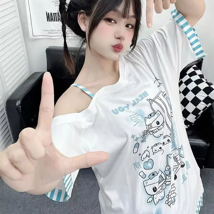 [BUNJANG] Medical Print Off-Shoulder T-Shirt / 지뢰계 메디컬 프린트 오프숄더 티셔츠