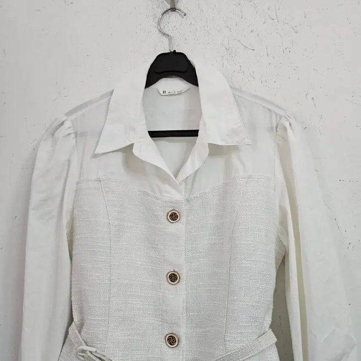[BUNJANG] Missha White Belted Tweed Shirt Jacket (Size 55) / 미샤화이트 벨트 트위드 셔츠 자켓55