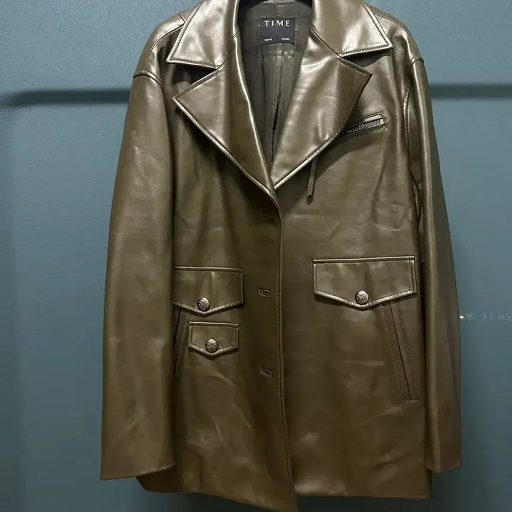 [BUNJANG] TIME Olive Green Leather Jacket / TIME 타임 짙은 올리브색상 가죽 자켓