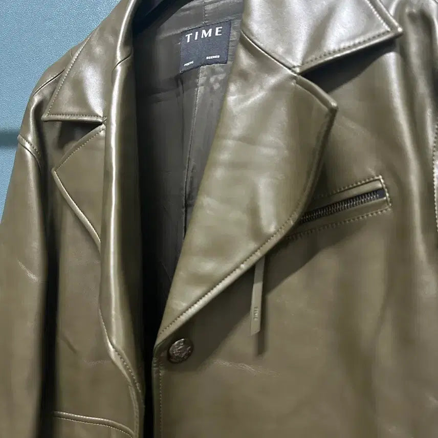 [BUNJANG] TIME Olive Green Leather Jacket / TIME 타임 짙은 올리브색상 가죽 자켓
