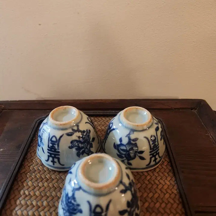 [BUNJANG] Celadon Porcelain Longevity Pattern Cup Set / 청화백자 장수문양 화형잔 3점