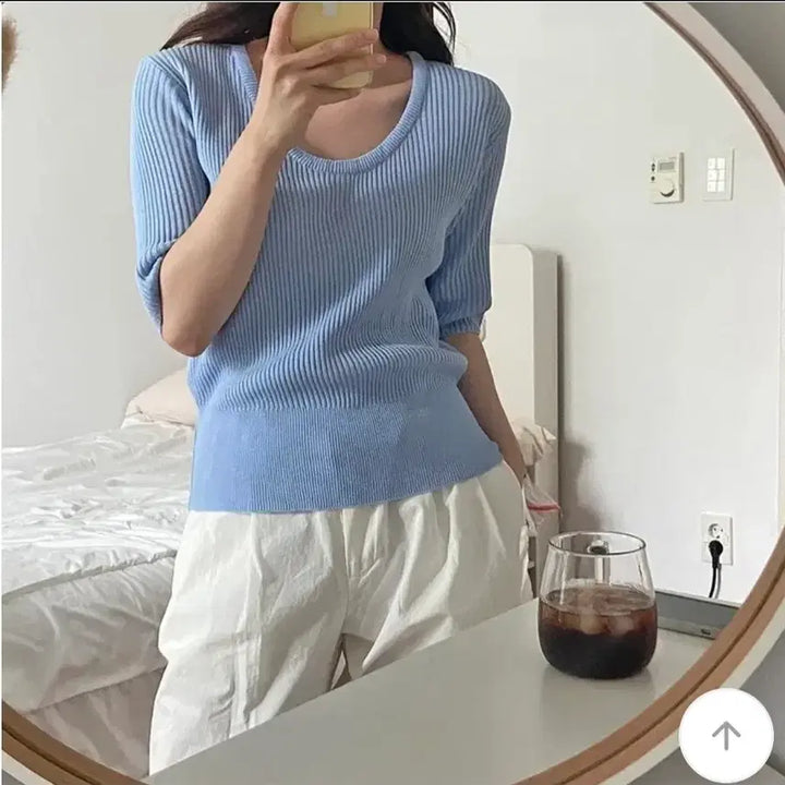 [BUNJANG] Sky Blue Ribbed Knit Short Sleeve Top / 새상품 반팔 골지 니트 하늘색
