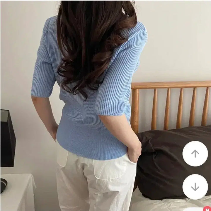 [BUNJANG] Sky Blue Ribbed Knit Short Sleeve Top / 새상품 반팔 골지 니트 하늘색