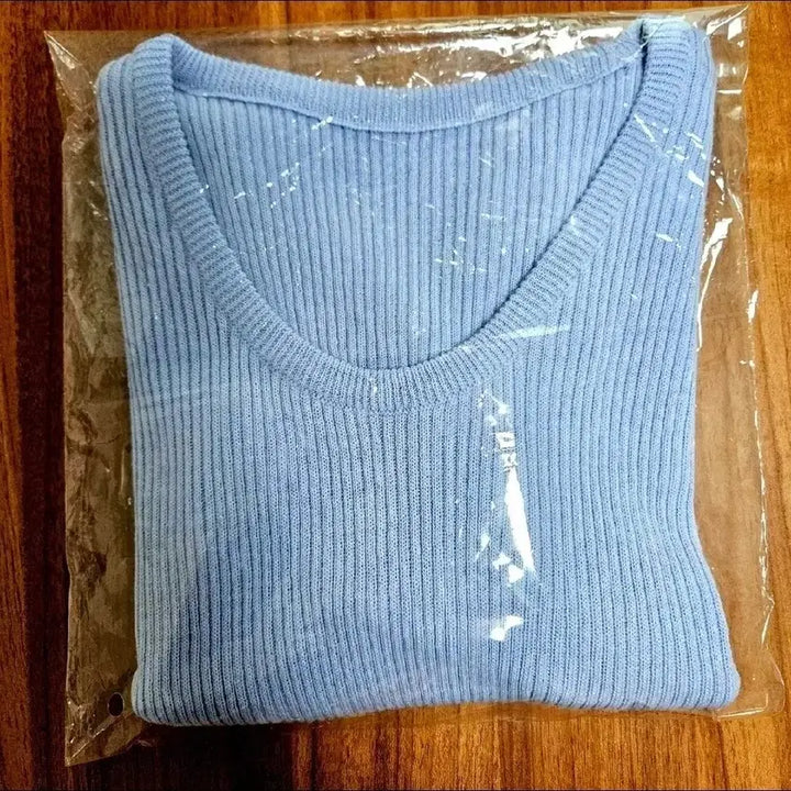 [BUNJANG] Sky Blue Ribbed Knit Short Sleeve Top / 새상품 반팔 골지 니트 하늘색