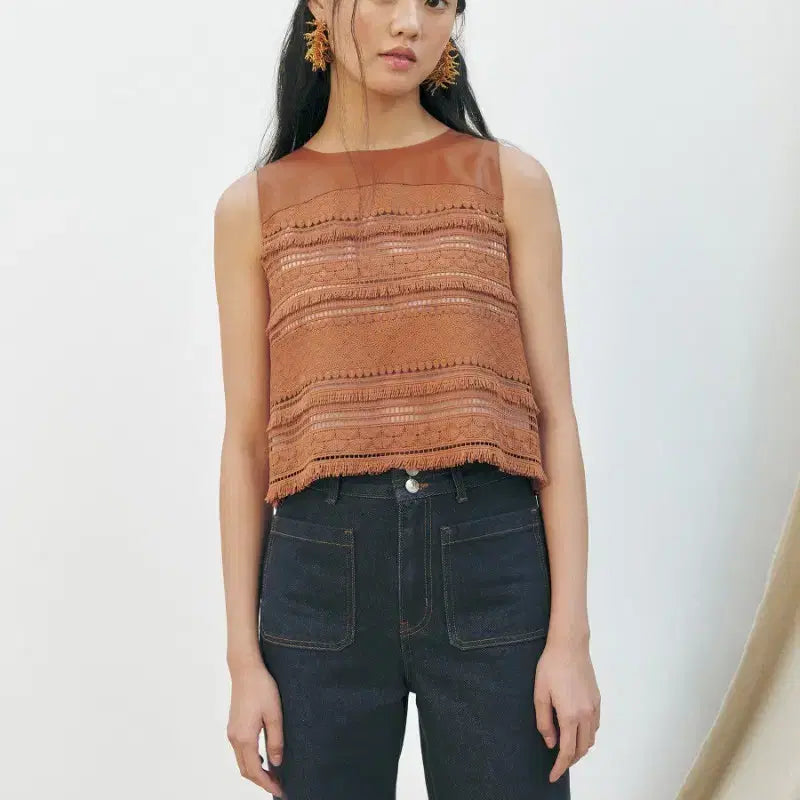 [BUNJANG] KUME Fringe Lace Sleeveless Blouse / [s] KUME 쿠메 프린지 레이스 보헤미안 에스닉 민소매 나시 탑