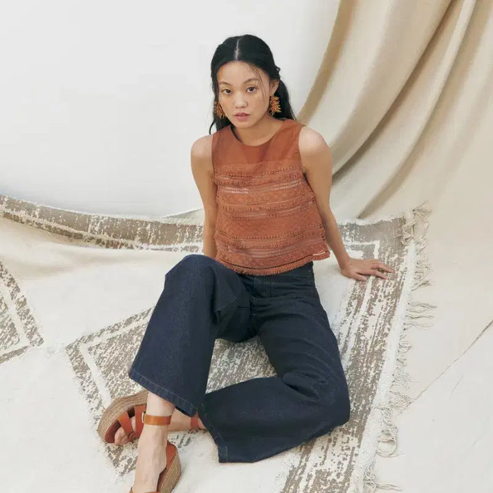 [BUNJANG] KUME Fringe Lace Sleeveless Blouse / [s] KUME 쿠메 프린지 레이스 보헤미안 에스닉 민소매 나시 탑