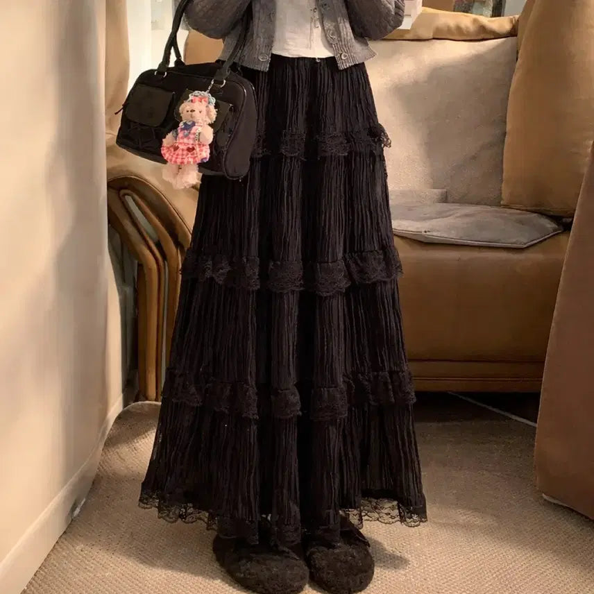 [BUNJANG] Velvet Long Skirt / 벨벳 캉캉 롱스커트.블랙