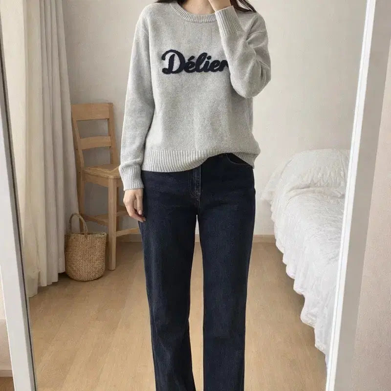 [BUNJANG] Gray Embroidered Knit Sweater / 그레이 자수 니트 / 루즈핏 55-66/데일리룩/간절기 니트/JPN